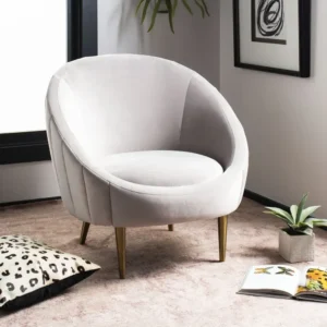 Serene Crescent Beige Velvet Tub Chair with Gold Tapered Legs - Image 1