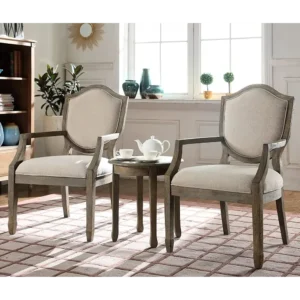 Heritage Provincial Beige Linen Armchairs with Carved Wood - Image 1