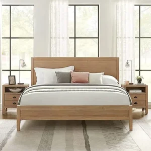 Sophisticated Light Brown Solid Wood Minimalist King Size Bed - Image 1