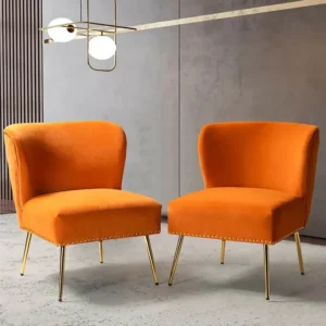 Sunset Orange Velvet Slipper Chairs with Studded Detail (Set of 2) - Image 1