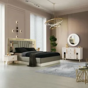 Luxury Turkish Grey & White Fabric Bed with Deco Gold Accents - Image 1