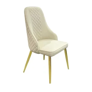 Cream White Leatherette Dining Chair with Diamond Quilted Back & Gold Legs - Image 1