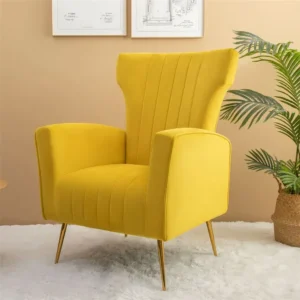 Saffron High-Back Winged Velvet Armchair in Vibrant Yellow - Image 1