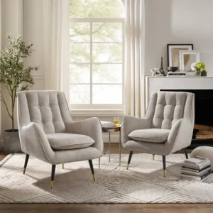 Slate Grey Tufted Wingback Chairs with Brass Tips - Image 1