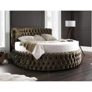 Luxurious Deep Button Tufted Round Velvet Bed in Dark Brown - Image 1