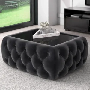 Velvet Tufted Obsidian Glass Square Ottoman Table - Image 1