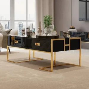 Elegant Deco Black Glass Gold Frame Drawer Center Table - Image 1