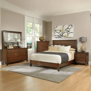 Classic Solid Wood Slat Headboard Bed Set in Rich Brown Polish - Image 1