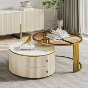 Nested Deco White Ribbed Gold Trim Coffee Table Set - Image 1