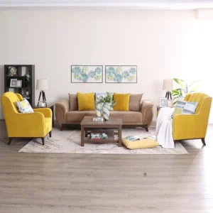 Elegant Beige & Mustard Velvet Living Room Sofa Set with Wooden Accents - Image 1