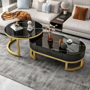 Oval Deco Black Marble and Gold Nested Table Set - Image 1