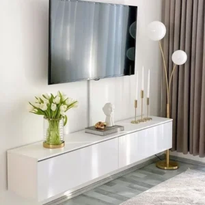 Contemporary High-Gloss White Floating LCD Wall Unit & Minimalist Media Console - Image 1