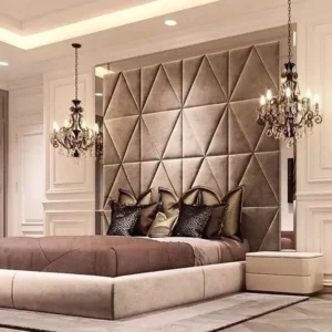 Grand Geometric Tufted Wall Bed with Integrated Floor-to-Ceiling Velvet Paneling - Image 1