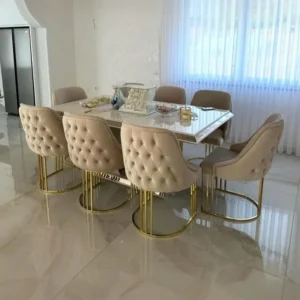 Luxury Turkish Beige & Gold Dining Set with Tufted Chairs - Image 1