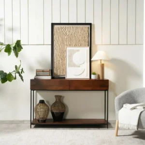 Elegant Dark Brown Wood Console Table with Minimalist Black Metal Frame & Storage - Image 1