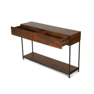 Elegant Dark Brown Wood Console Table with Minimalist Black Metal Frame & Storage - Image 2