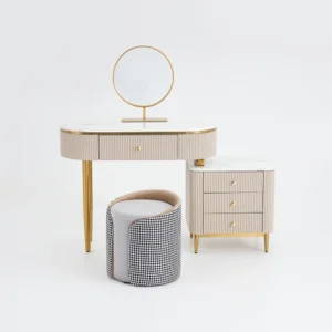 Luxury White & Gold Turkish Dressing Table with Fluted Detailing & Circular Mirror - Image 1