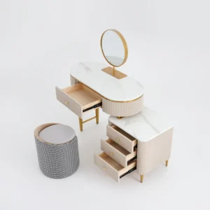 Luxury White & Gold Turkish Dressing Table with Fluted Detailing & Circular Mirror - Image 2