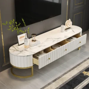 Luxury White Fluted LCD Unit with Marble Top & Curved Gold Base – Turkish Design - Image 2