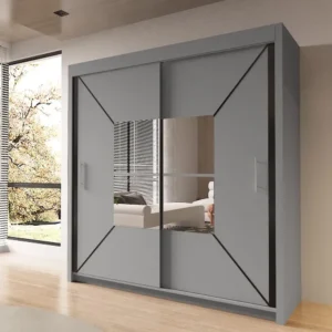 Nordic Grey Geometric Mirror Wardrobe - Image 1