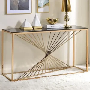 Artistic Gold Sunburst Console Table with Black Glass Surface – Turkish Design - Image 1
