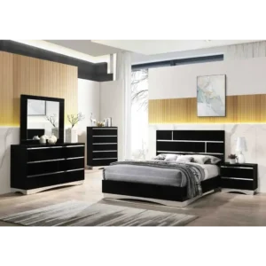 Midnight Noir Modern Bed with Chrome Inlay Accents - Image 1