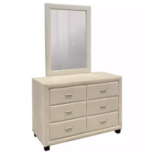 Classic White Velvet Fully Upholstered Dressing Table with Vertical Mirror – 6 Drawer Design - Image 1