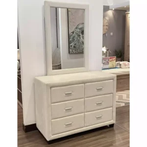 Classic White Velvet Fully Upholstered Dressing Table with Vertical Mirror – 6 Drawer Design - Image 2