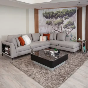 Modern L-Shaped Grey Fabric Sectiol Sofa with Built-in Bookcase Arm - Image 1