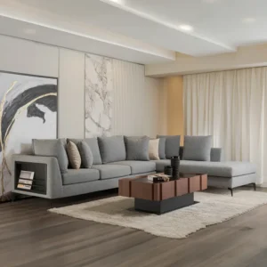 Modern L-Shaped Grey Fabric Sectiol Sofa with Built-in Bookcase Arm - Image 2