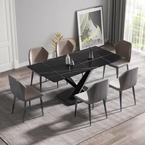Midnight Modern Black Marble Dining Set with Slate Grey Seating - Image 1