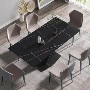 Midnight Modern Black Marble Dining Set with Slate Grey Seating - Image 2