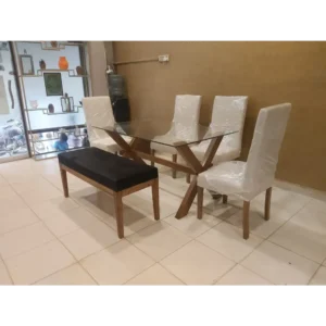 Scandi-Style Glass Top Dining Set with Walnut Trestle Base - Image 1