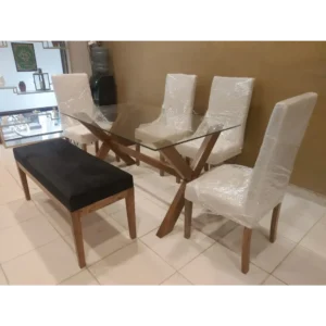 Scandi-Style Glass Top Dining Set with Walnut Trestle Base - Image 2