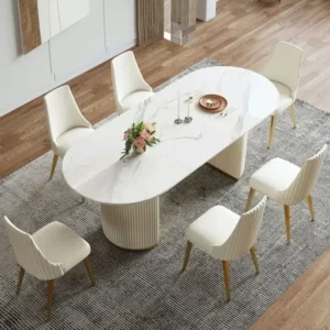 Imperial White Oval Marble Dining Set with Fluted Pedestals - Image 2