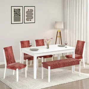 Nordic White Minimalist Dining Set with Crimson Velvet Accents - Image 1