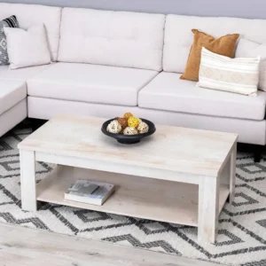 Classic Distressed White Polished Coffee Table with Lower Storage Shelf - Image 1