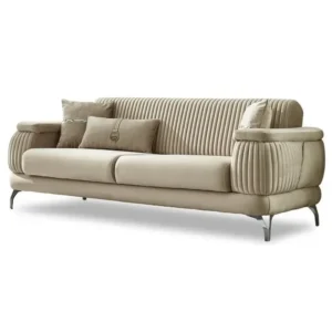 Elegant Turkish Style Beige Velvet Sofa with Silver Accents & Pleated Arms - Image 2