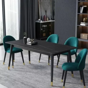 Obsidian Modern Black Table with Teal Velvet Chairs - Image 1