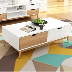 Nordic Duo-Tone White & Oak Coffee Table with Storage Drawers - Image 1