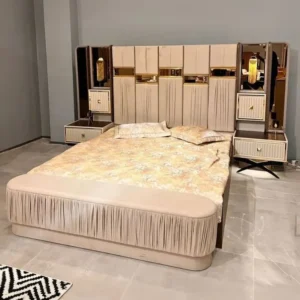 Luxury Turkish Beige Velvet Bed with Vertical Tufted Headboard - Image 1