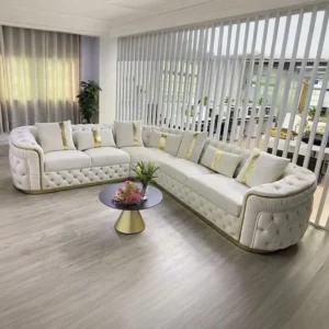 Luxurious Turkish Style White Velvet Tufted Sectiol Sofa with Gold Trim Accents - Image 1