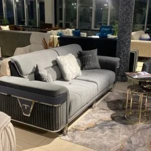 Contemporary Turkish Grey Velvet Sofa with Vertical Channel Tufting & Chrome Accents - Image 1