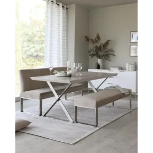 Serene Beige Velvet Bench Dining Set with Silver X-Base - Image 1