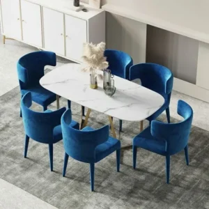 Sapphire Blue Curved Velvet Dining Set with Gold Frame - Image 1
