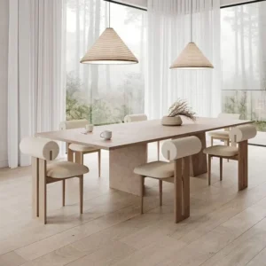 Nordic Zen Boucle Dining Table with Cylinder Back Chairs - Image 1