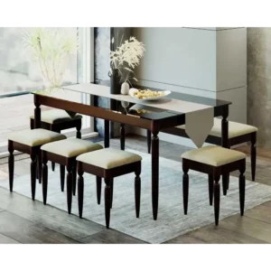 Minimalist Ebony Glass Dining Set with Cream Stools - Image 1