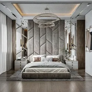 Modern Grey Velvet Upholstered Wall Bed – Floor-to-Ceiling Design - Image 1