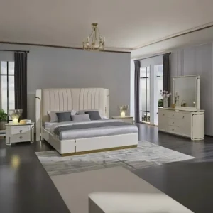 Grand Turkish Master Bed with Vertical Tufted Headboard & Gold Trim - Image 1