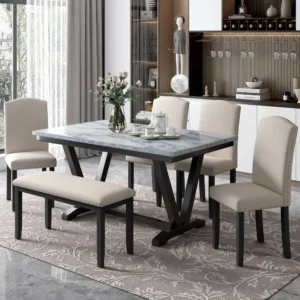 Marble Top Dining Set with Trestle Base and Bench - Image 1